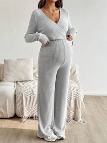 SHEIN 2件套孕妇纯色裹身打结长袖上衣和裤子休闲哺乳套装