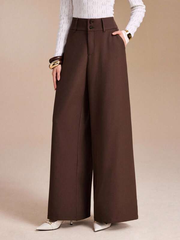 Spring Affair Women Solid Color Pleated High Waist Straight Leg Palazzo Pants, Casual, Business, Old Money Elegant, Party Teacher Outfits For Women, Fall Women Outfits, Work Women Clothes, Formal And Modest Outfits