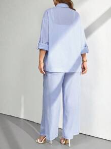 SHEIN Tall CURVE 大码女式蓝白条纹宽松休闲两件套 - 藍色 - 查看 2