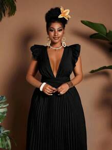 Maweii Robe élégante à encolure en V, manches courtes, taille froncée et dos nu pour grandes tailles - Noir - Voir 3