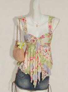 SHEIN ICON Women's Vacation Floral Print Pleated Fashion Camisole 4th Of July Women Outfits Cute Summer Tops Going Out Tops