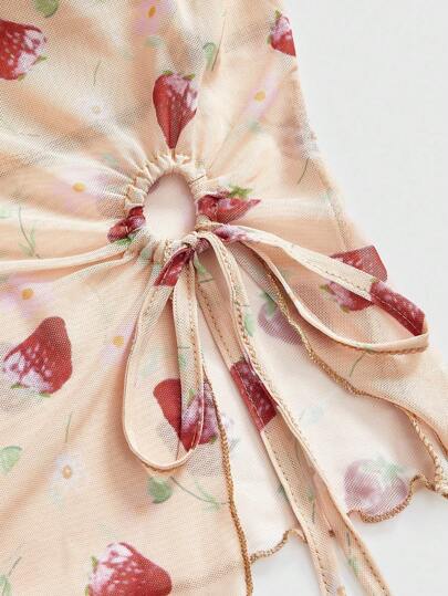 Kawaii Top tube d'été à ourlet asymétrique imprimé fraise, blouse en tissu tulle de style Y2K