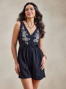 Wildy Women's Summer American Western Country Style Casual Vacation Black Embroidered Romper Western Country Concert Outfit Country Outfits Women 100 Cotton