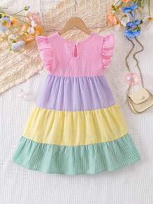 Elladie kids Young Girl Colorblock Striped Round Neck Cap Sleeve Casual Dress, Summer Girls Summer Dress Girls Pastel Dress Kids Ruffle Dress Rainbow Striped Dress Tiered Ruffle Dress, School, Campus, College - Multicolor - View 2