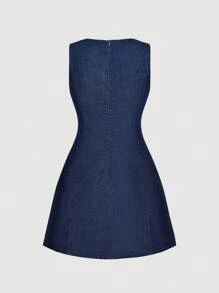 MOD Vestido de mezclilla casual de verano para mujer con cuello redondo y cremallera en la espalda - Azul lavado medio - Ver 6