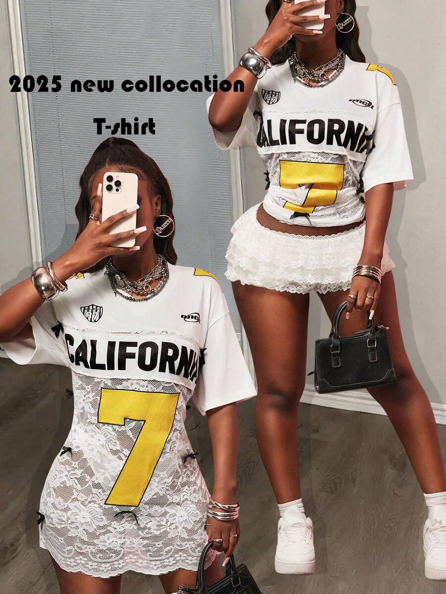 Slaydiva 2025新款夏季休闲街头芭蕾运动风甜美辣妹日常约会白色针织面料拼接蕾丝标语Logo7数码印花蝴蝶结装饰长款宽松女士T恤-B - 白色 - 查看 1