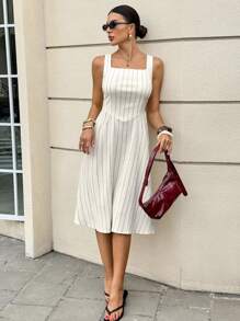 Siren Gaze 女士休闲条纹无袖中长连衣裙，夏季 - 杏色 - 查看 5