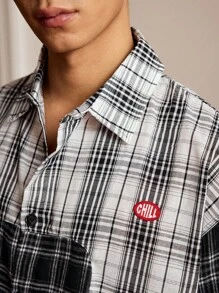 SWAVVY 男式标准尺码不对称拼布短款短袖衬衫，学校 - 白色 - 查看 4