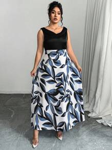 SHEIN Clasi 大码夏季优雅树叶印花拼布连衣裙 - 黑色 - 查看 5