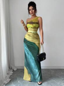 Rafferiza Graduated Color High Slit Asymmetric Collar Ruched Tulle Dress Maxi Women Outfit Summer Dress - Light Yellow - View 6