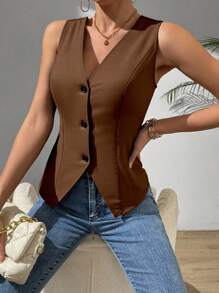 Zielony Damska kamizelka bez rękawów, swobodna, z rozcięciem, w stylu Maillarda, letnia, brązowa, na studia - Kawowy brązowy - Zobacz 3