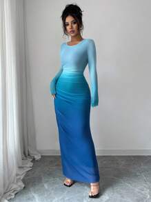 Breezaya 女士网纱泡泡袖渐变褶皱修身连衣裙，休闲百搭，适合日常穿着、海滩、居家、办公等场合，长款连衣裙风格，可打造派对休闲造型，春季大学校园秋季女装。