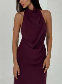 Aloruh New Sexy Backless, Sleeveless, Off-Shoulder Pleated Decor Slim Tummy Concealing Dress, Suitable For Cocktail Party, Music Festival, Vintage, Flowy, Eggplant Purple - Bold Plum - View 6