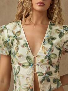 Glamine Blusa de mujer con escote en V, mangas abombadas y bordado floral verde, elegante y de moda para el verano