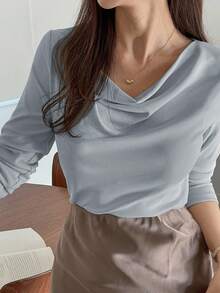 DAZY 魅力领口分层优雅女式上衣 T 恤 - 淺藍色 - 查看 5