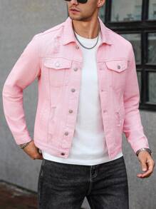Manfinity Homme 男士长袖单排扣破洞口袋牛仔夹克，粉色，秋季 - 粉色 - 查看 7