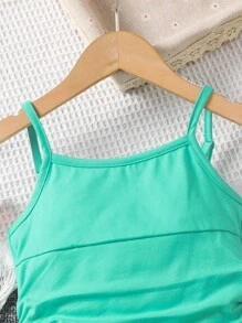 2pcs/Set Young Girl Fashionable Comfy Mint Green Camisole & Leaf Printed Shorts Set, New - Mint Green - View 7