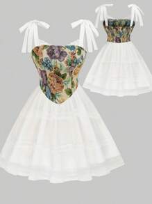 Flirla Plus Size Lace-Up Jacquard Sleeveless Mesh Applique Tiered Dress