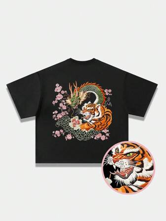 Street Life Camiseta de manga corta de cuello redondo para hombres con estampado de flor de ciruelo, dragón y tigre, de estilo casual para verano