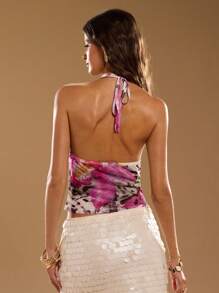 SHEIN BAE 女式花卉印花短款垂坠领上衣，夏季