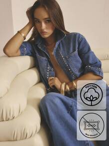 Aralina Camisa de mezclilla con detalles de tachas, manga corta para invierno/verano - Azul lavado medio - Ver 1