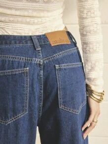 Aralina 女式直筒宽松休闲口袋牛仔裤，百搭 - 深色水洗藍 - 查看 3