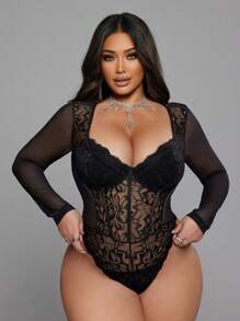SHEIN LUNE 大码女式性感蕾丝长袖紧身优雅黑色紧身衣