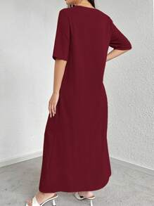 Mulvari Vestido Casual Solto com Babados, Decote Redondo e Manga Curta, Cor Sólida, Verão - Vinho - Visão 4