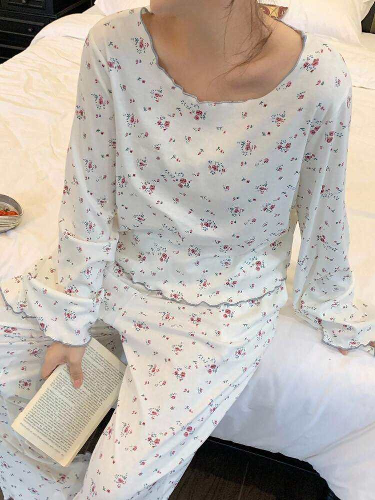 Dazy Plus 1 Set Plus Size Women's Ditsy Floral Long Sleeve Top And Loose Pants Loungewear Pajama Set, Fall Clothes, Cozy Outfits