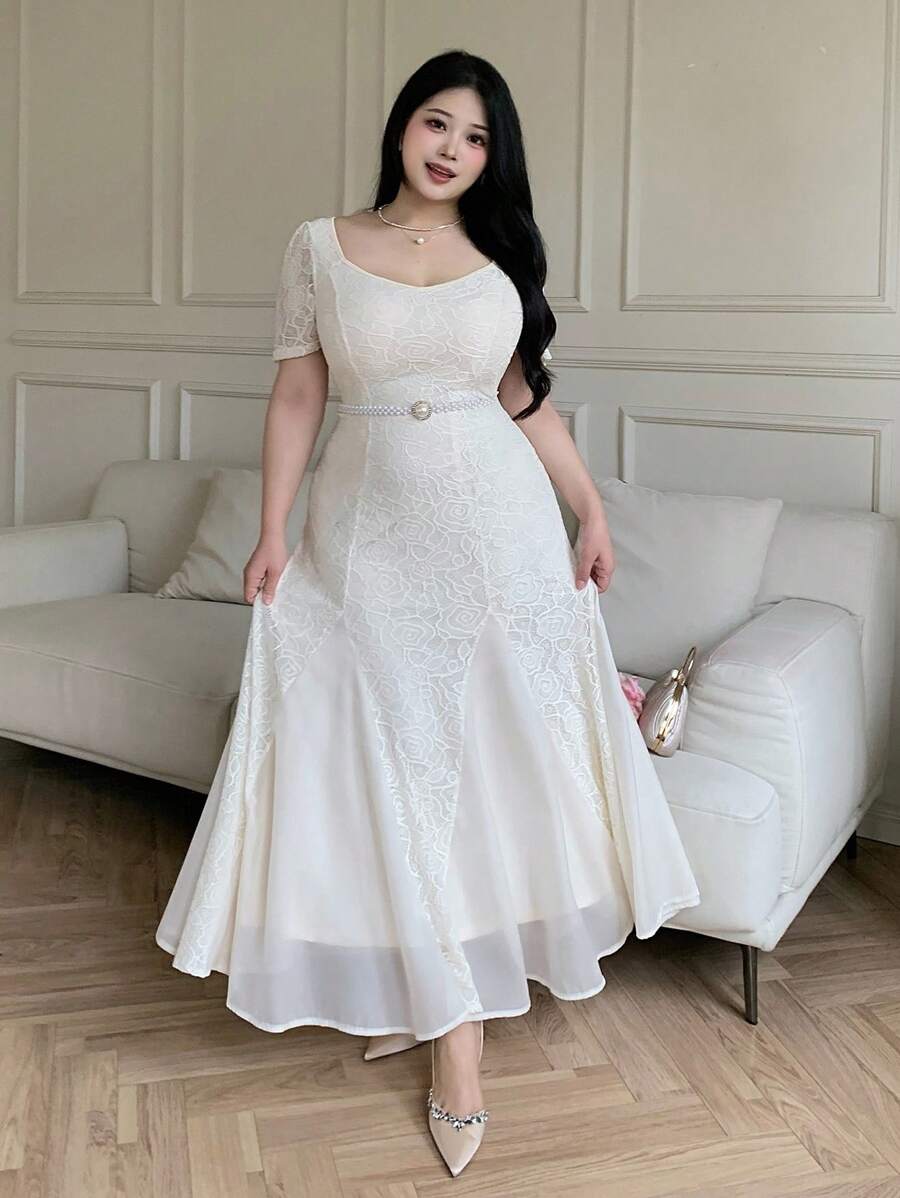 Modelyn 大码女式优雅纯色修身短袖连衣裙