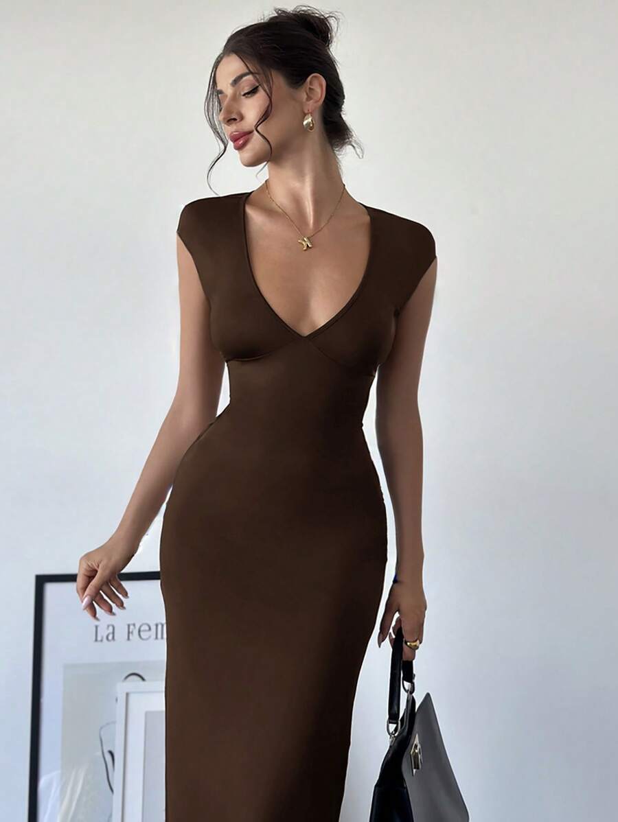 Firerie Festival Valentine's Day New Women's Elegant Sexy Versatile Bodycon Slimming Black Maxi Dress, Deep V-Neck, Caped Sleeve, Belted Waist Design - Coffee - View 1