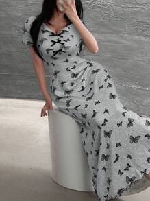 Feyla 女士优雅蝴蝶印花修身长裙，夏季 - 灰色 - 查看 6