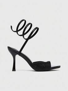 CUCCOO SZL Sandali con tacco alto neri da donna, nuovi e sexy, con cinturini impreziositi da strass e decorazioni a forma di serpente, punta tonda, stiletti adatti per feste, appuntamenti e occasioni serali