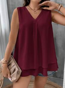 EMERY ROSE Plus Size Women's Solid Color V-Neck Casual Versatile Everyday Outing Shirt - Burgundy - View 7