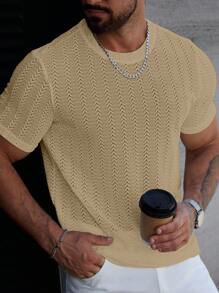 Manfinity Homme 男士夏季休闲纯色纹理短袖T恤男式钩针衬衫网眼男士上衣男士杏色T恤针织T恤男士米色图案T恤男士 - 卡其色 - 查看 4