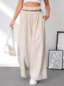 SHEIN Tall Jeans de pierna ancha de unicolor básico blanco para mujer, casual versátil para la vuelta al colegio en otoño, para mujeres altas - Caqui - Ver 7