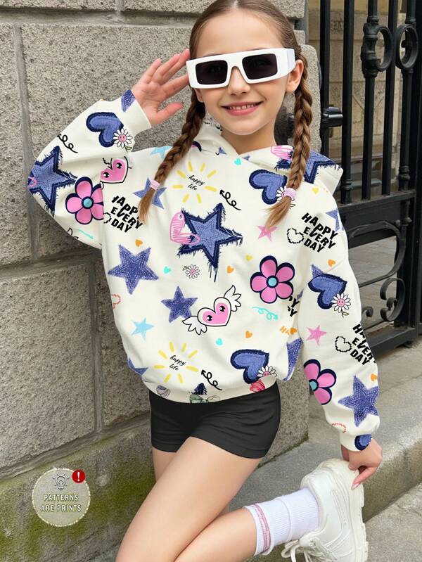 SHEIN Sweat-shirt à capuche tricoté à manches longues ample et confortable avec imprimé de cœur, fleur et papillon beige et abricot. Convient aux jeunes filles en automne/hiver