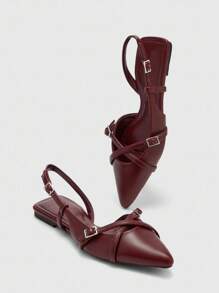 CUCCOO BIZCHIC Women's Pointed Toe Wine Red Strap Buckle Backstrap Flat Shoes, Fashionable & Elegant For Work, Comfortable Mule Shoes For Christmas Spring Shoes - Burgundy - View 6