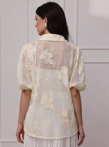 Modelyn Blusa transparente elegante con cuello, bordado de encaje en beige - Albaricoque - Ver 4
