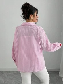 Elenzga Plus Size Women's French Style Striped Embroidered Heart Shirt Fall Cloth For Women - Pink - View 2