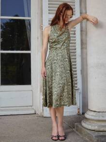 lacRébo Asymmetric Halter Midi Dress With Olive Floral Print Autumn Dress Office Outfits For Women Teacher Dress Wedding Guest Dress Flowy Dress Spring Summer - Green - View 5