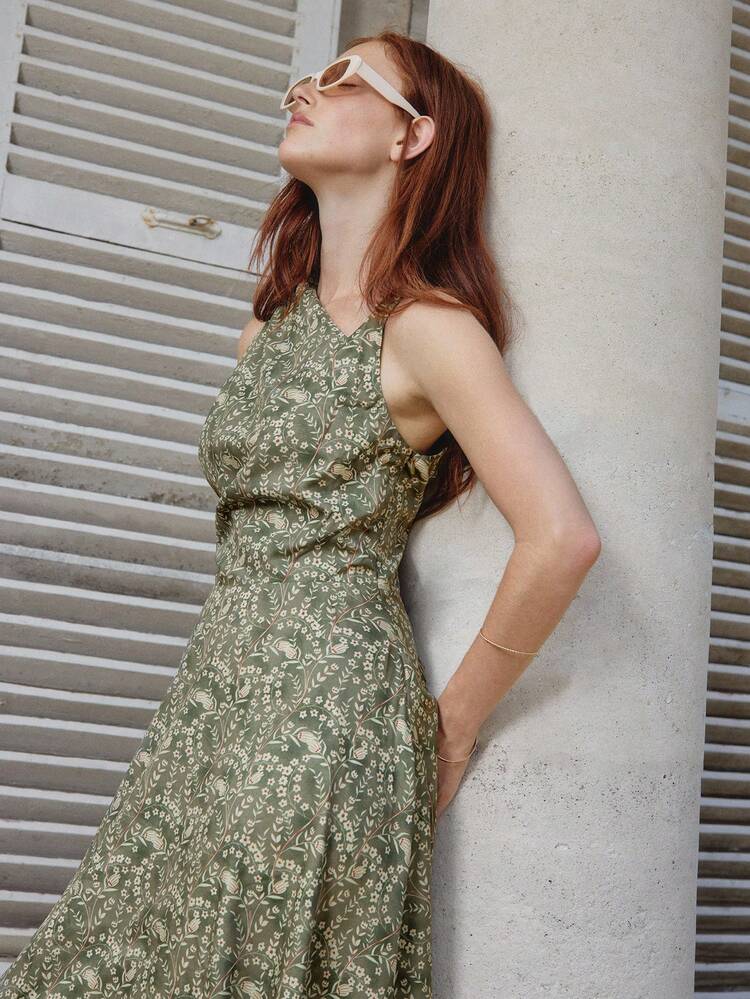 Asymmetric Halter Midi Dress With Olive Floral Print Autumn Dress Office Outfits For Women Teacher Dress Wedding Guest Dress Flowy Dress Spring Summer