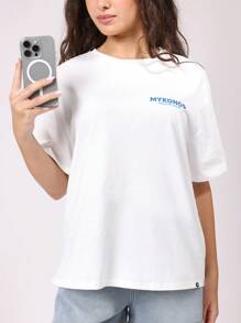 SUMWON Mykonos Paradise Beach Greece Evil Eye T Shirt Summer Vacation Travel Souvenir Casual Oversized Cotton Graphic Print Beachwear Resort Tee - White - View 6