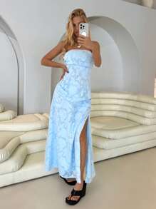 Roylia Women's Elegant Bandeau High Slit Blue Long Dress - Blue - View 1