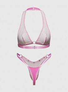 ROMWE Grunge Punk Punk Rivet Decorated Triangle Bra & Thong Lingerie Set, Sexy, For Valentine's Day - Hot Pink - View 5