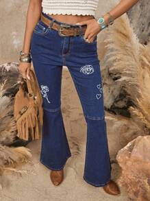 SHEIN LUNE Women's Elastic Denim Embroidered Flared Long Pants - Medium Wash - View 4