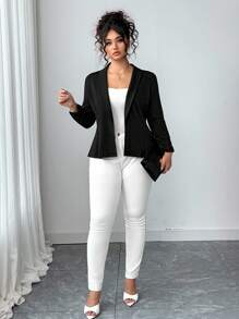 Elenzga Plus Size Women Casual Minimalist Notch Collar Jacket, Commuter Style Winter Fall Autumn - Black - View 5