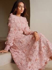 Anewsta Women's Elegant Round Neck 3D Floral Print Dress - Pink - View 5