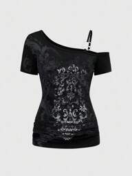 Grunge Punk Cute Purple Vine Cross Shoulder Sleeveless Elastic Ruched Women Kpop Summer T-Shirt, Suitable For Beach, Graduation, Easter, Concert, Nashville Vacation, Elegant