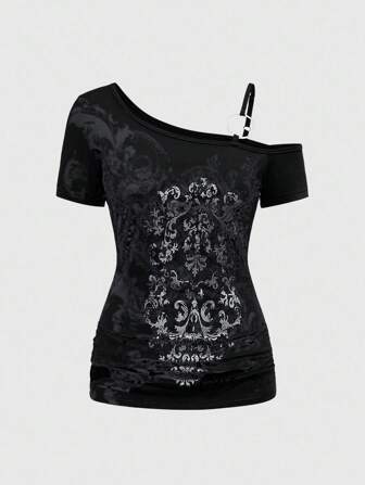 Grunge Punk Cute Purple Vine Cross Shoulder Sleeveless Elastic Ruched Women Summer T-Shirt, Suitable For Beach, Graduation, Easter, Concert, Nashville Vacation, Elegant